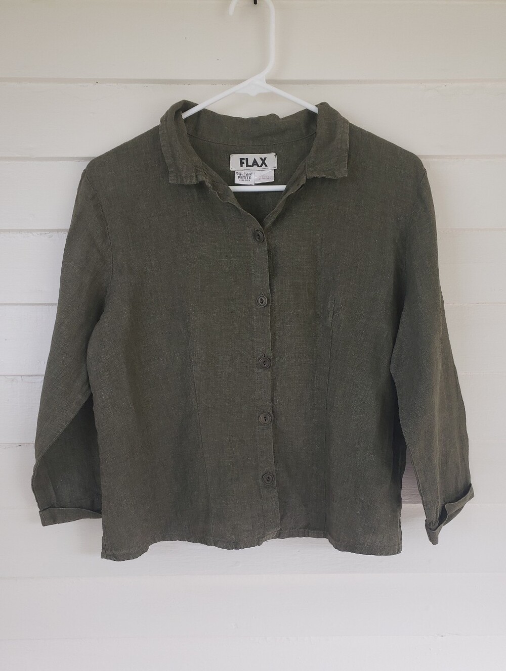 FLAX Olive Green 100% Linen Button-Front Women's Shirt Size M Petite